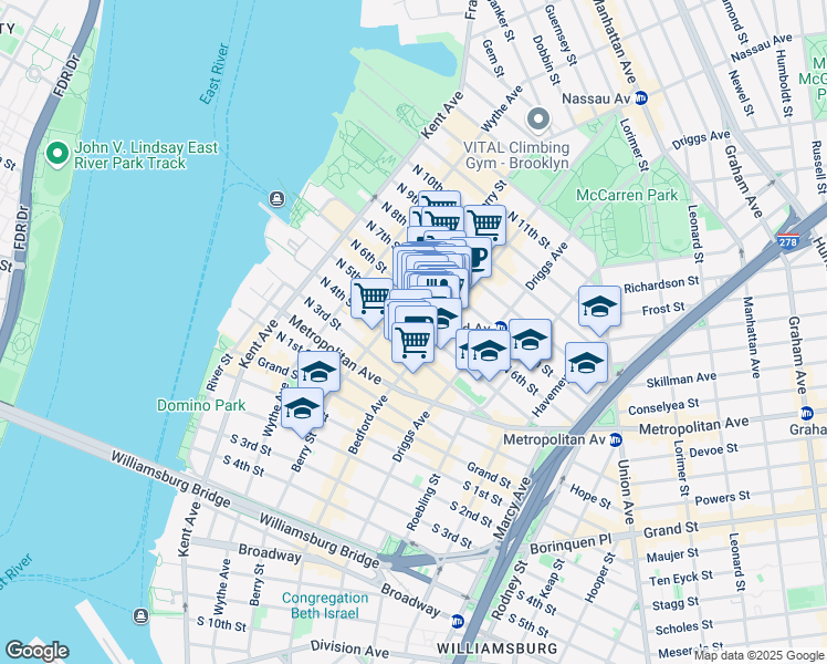 map of restaurants, bars, coffee shops, grocery stores, and more near 198 Bedford Avenue in Brooklyn