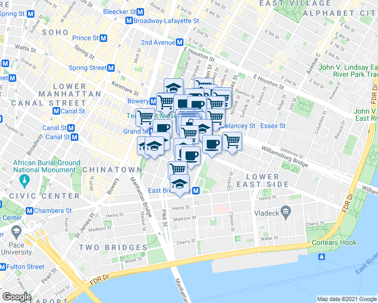 map of restaurants, bars, coffee shops, grocery stores, and more near in New York