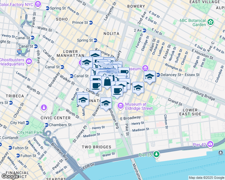 map of restaurants, bars, coffee shops, grocery stores, and more near 237 Grand Street in New York