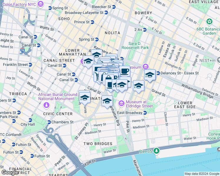 map of restaurants, bars, coffee shops, grocery stores, and more near 237 Grand Street in New York