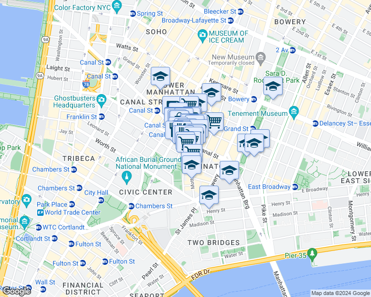 map of restaurants, bars, coffee shops, grocery stores, and more near 89 Mulberry Street in New York