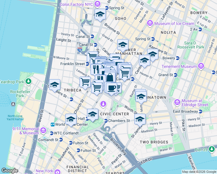 map of restaurants, bars, coffee shops, grocery stores, and more near 51-53 White Street in New York