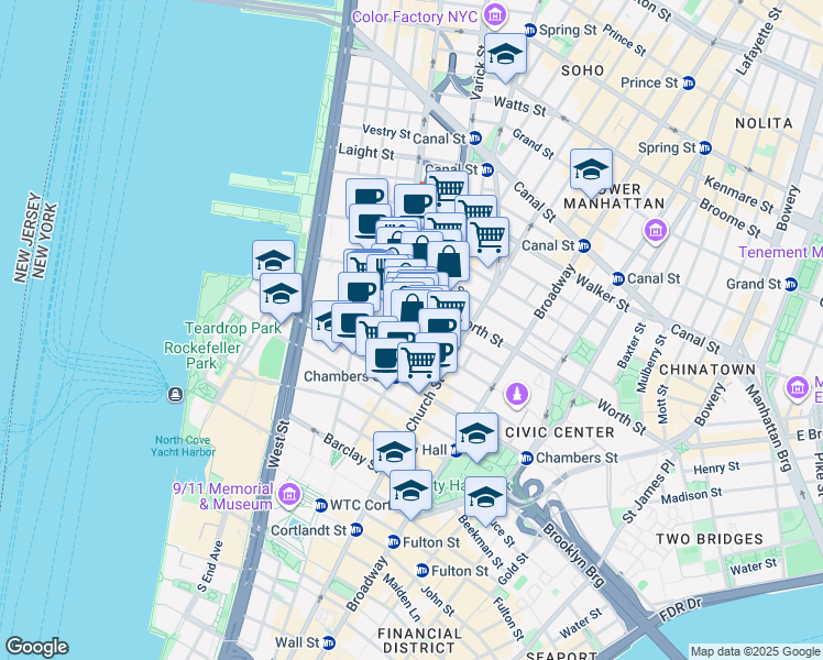 map of restaurants, bars, coffee shops, grocery stores, and more near in New York
