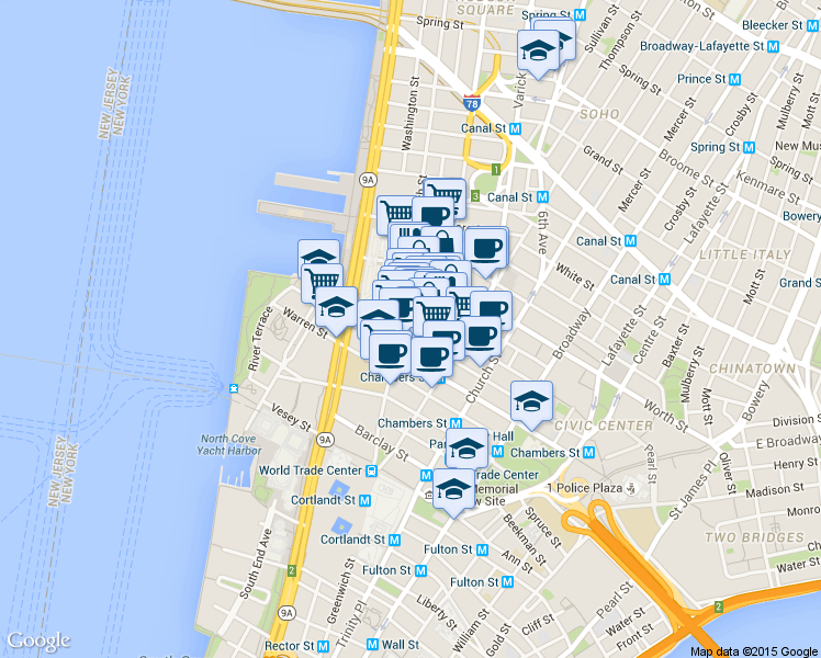 map of restaurants, bars, coffee shops, grocery stores, and more near 165 Duane Street in New York