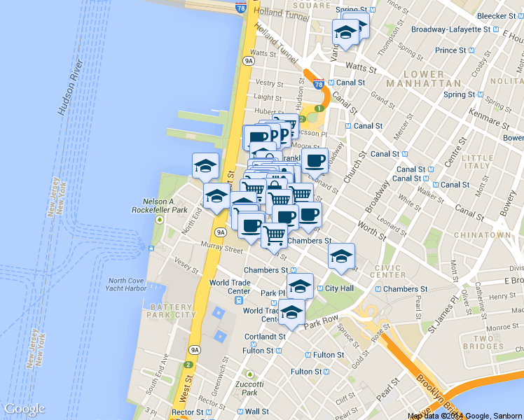 map of restaurants, bars, coffee shops, grocery stores, and more near 165 Duane Street in New York