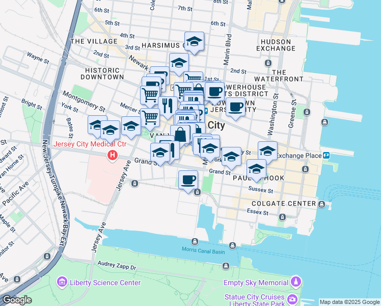 map of restaurants, bars, coffee shops, grocery stores, and more near 215 Montgomery Street in Jersey City