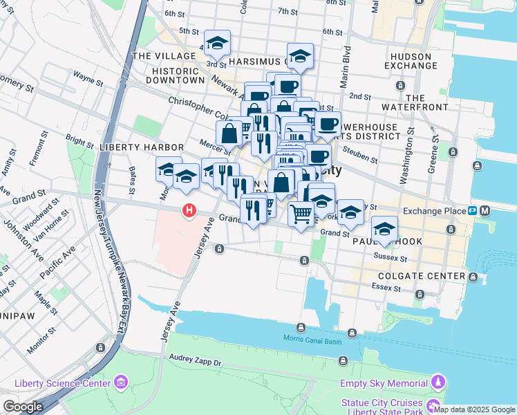map of restaurants, bars, coffee shops, grocery stores, and more near 258 Barrow Street in Jersey City