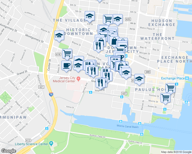 map of restaurants, bars, coffee shops, grocery stores, and more near 293 York Street in Jersey City