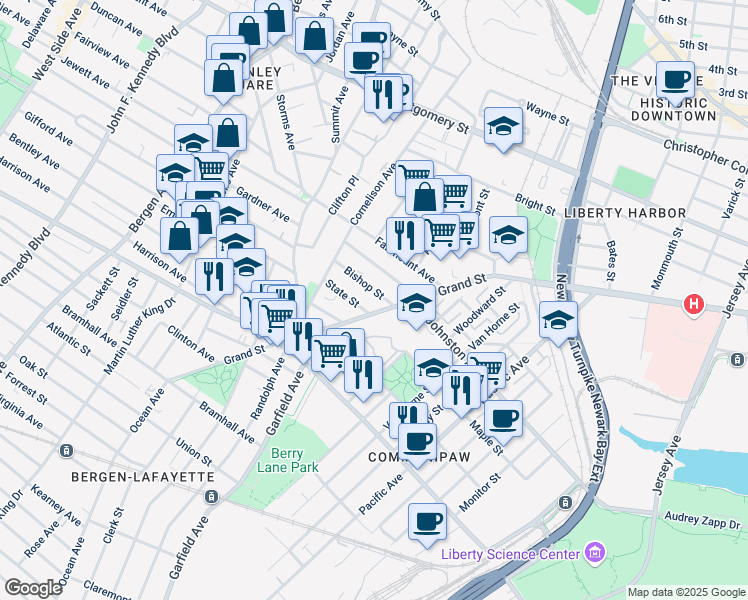 map of restaurants, bars, coffee shops, grocery stores, and more near 533 Johnston Avenue in Jersey City