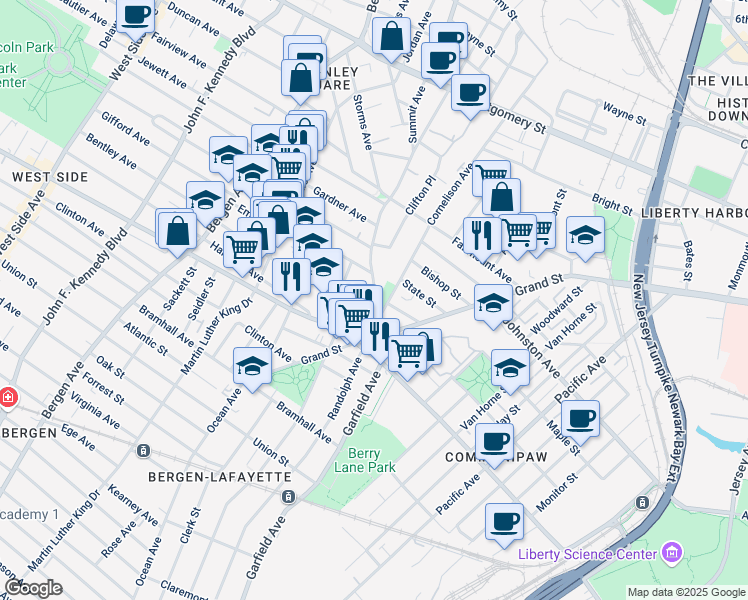 map of restaurants, bars, coffee shops, grocery stores, and more near in Jersey City
