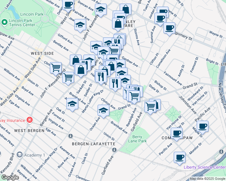 map of restaurants, bars, coffee shops, grocery stores, and more near 54 Harrison Avenue in Jersey City
