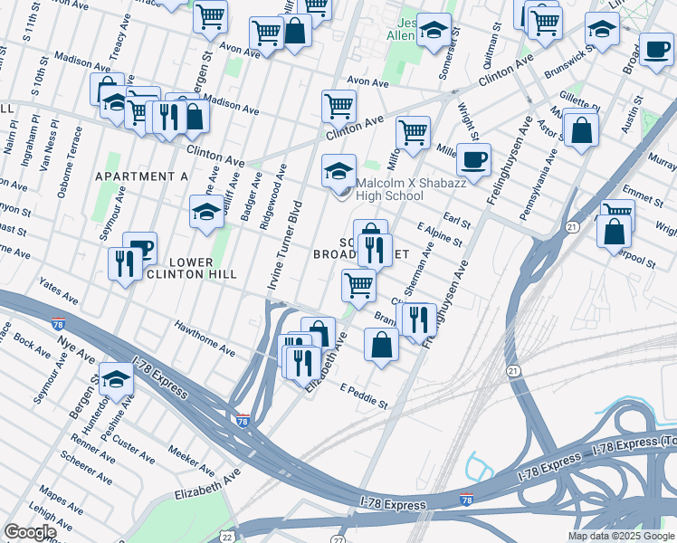 map of restaurants, bars, coffee shops, grocery stores, and more near 136 West Bigelow Street in Newark