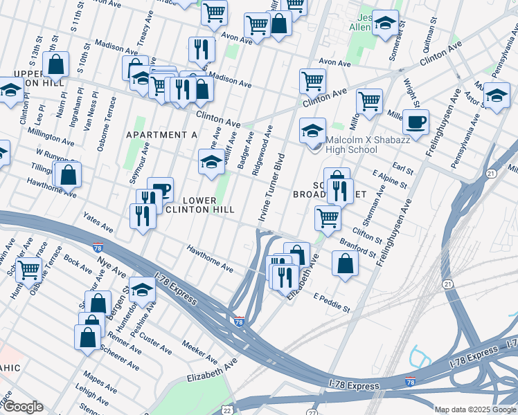 map of restaurants, bars, coffee shops, grocery stores, and more near 172 Ridgewood Avenue in Newark
