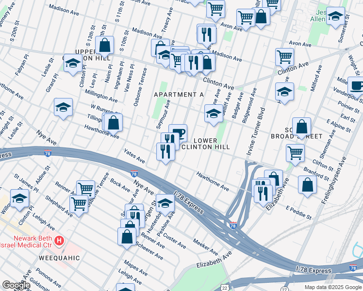 map of restaurants, bars, coffee shops, grocery stores, and more near in Newark