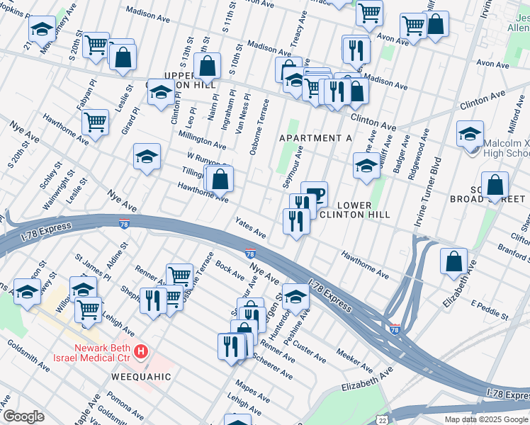 map of restaurants, bars, coffee shops, grocery stores, and more near 130 Hedden Terrace in Newark