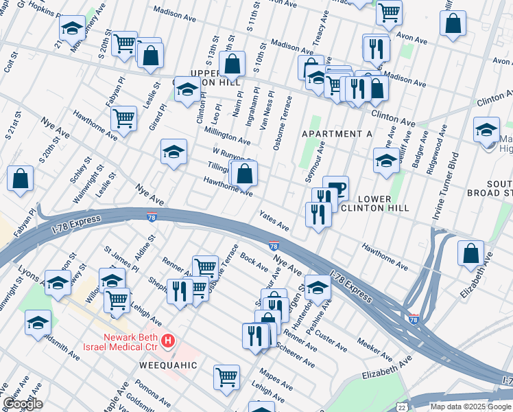 map of restaurants, bars, coffee shops, grocery stores, and more near 147 Osborne Terrace in Newark