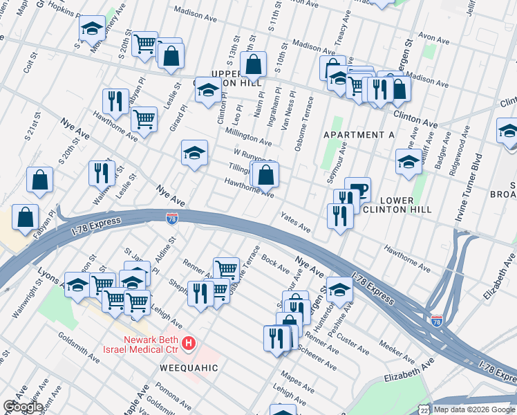 map of restaurants, bars, coffee shops, grocery stores, and more near 344 Hawthorne Avenue in Newark