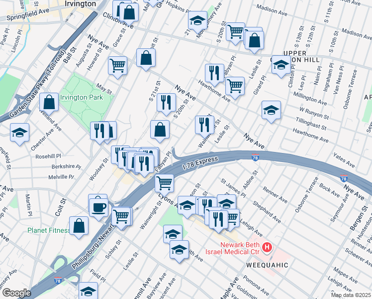 map of restaurants, bars, coffee shops, grocery stores, and more near in Newark