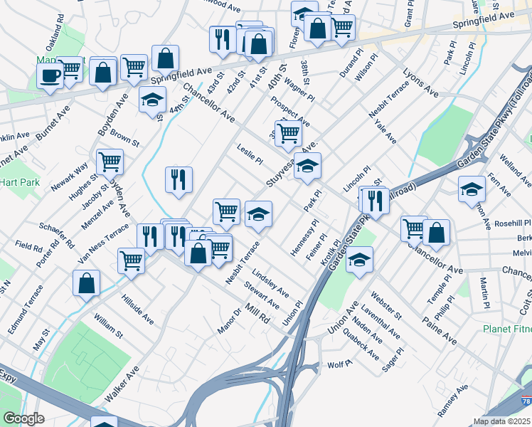 map of restaurants, bars, coffee shops, grocery stores, and more near 1 Sunset Terrace in Irvington