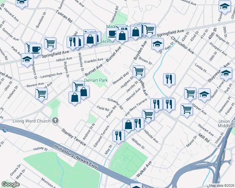 map of restaurants, bars, coffee shops, grocery stores, and more near 50A Newark Way in Maplewood