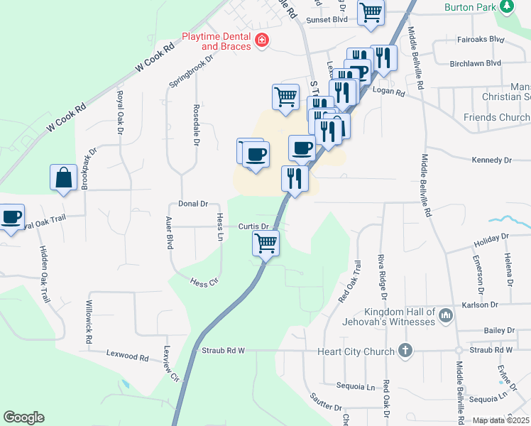 map of restaurants, bars, coffee shops, grocery stores, and more near 1542 Lexington Ave in Mansfield