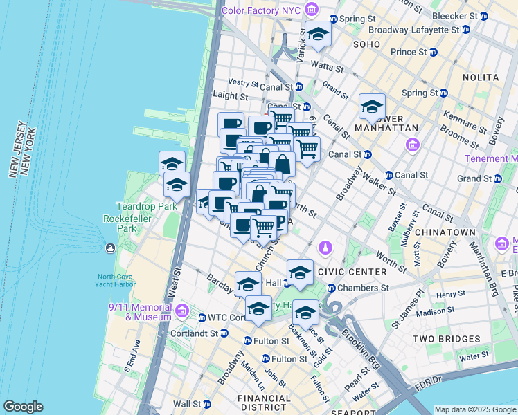 map of restaurants, bars, coffee shops, grocery stores, and more near  in New York