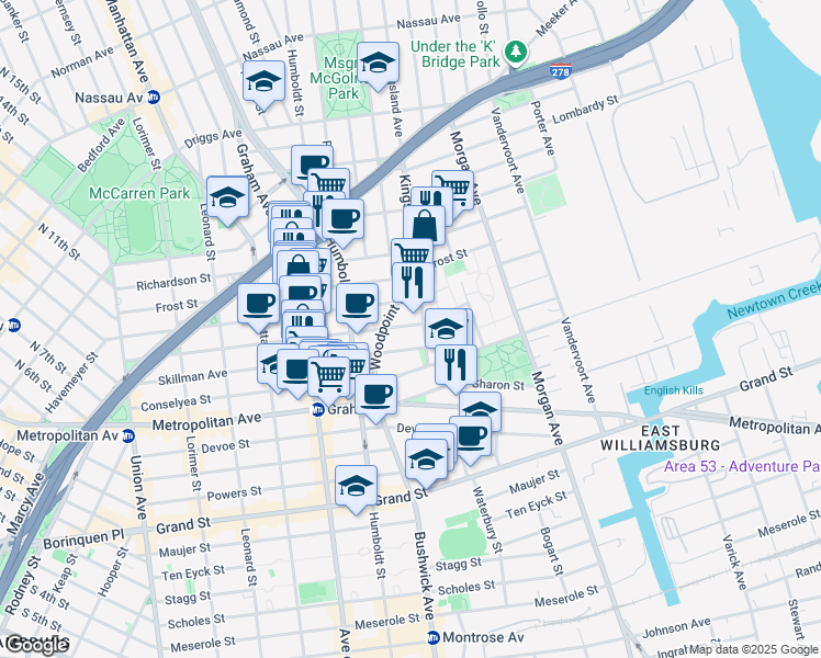 map of restaurants, bars, coffee shops, grocery stores, and more near in Brooklyn
