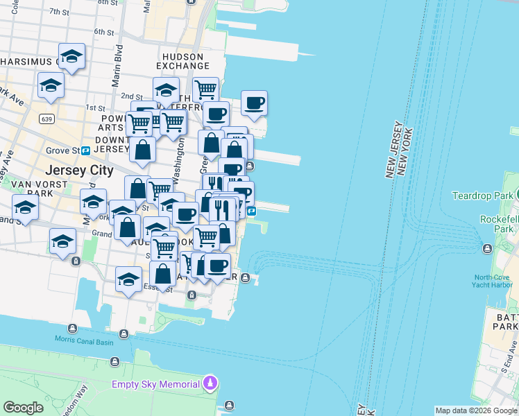 map of restaurants, bars, coffee shops, grocery stores, and more near Hudson River Waterfront Walkway in Jersey City