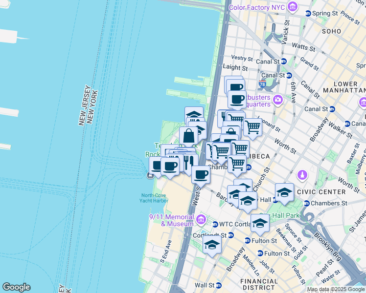 map of restaurants, bars, coffee shops, grocery stores, and more near 455 North End Avenue in New York