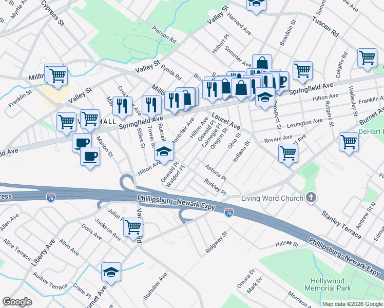 map of restaurants, bars, coffee shops, grocery stores, and more near 266 Oswald Place in Union