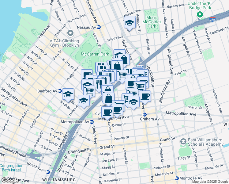 map of restaurants, bars, coffee shops, grocery stores, and more near 88 Withers Street in Brooklyn