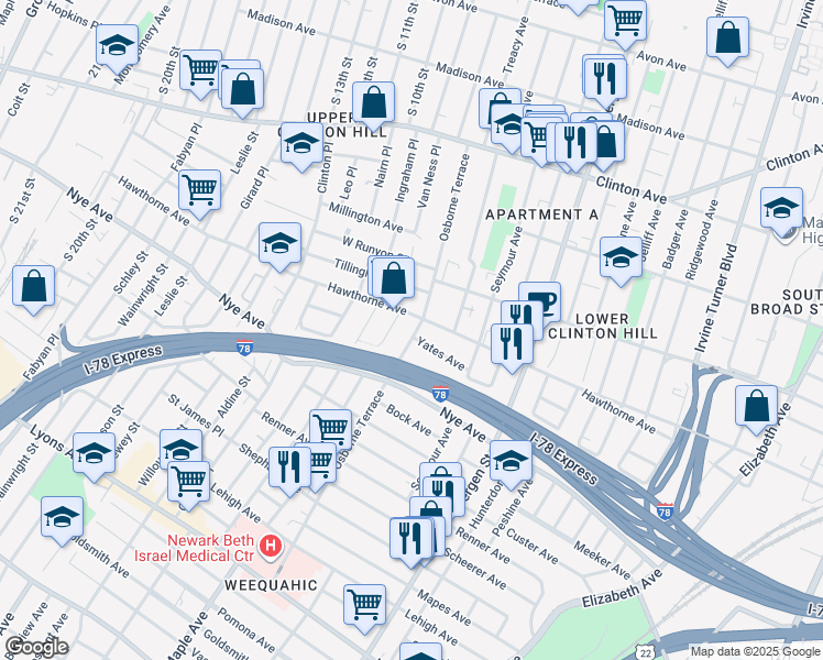 map of restaurants, bars, coffee shops, grocery stores, and more near 147 Osborne Terrace in Newark