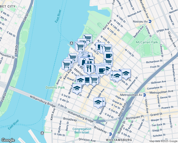 map of restaurants, bars, coffee shops, grocery stores, and more near 76 North 4th Street in Brooklyn