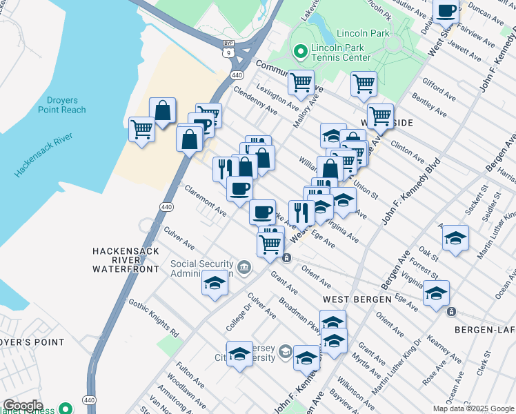map of restaurants, bars, coffee shops, grocery stores, and more near 80 Clarke Avenue in Jersey City
