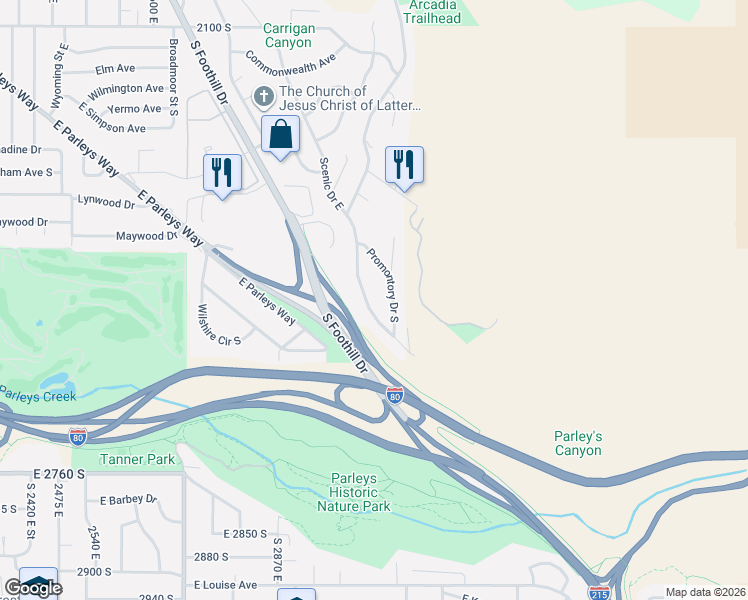 map of restaurants, bars, coffee shops, grocery stores, and more near 2471 Scenic Drive East in Salt Lake City