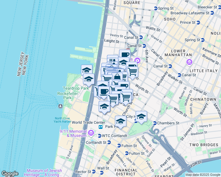 map of restaurants, bars, coffee shops, grocery stores, and more near 315 Greenwich Street in New York