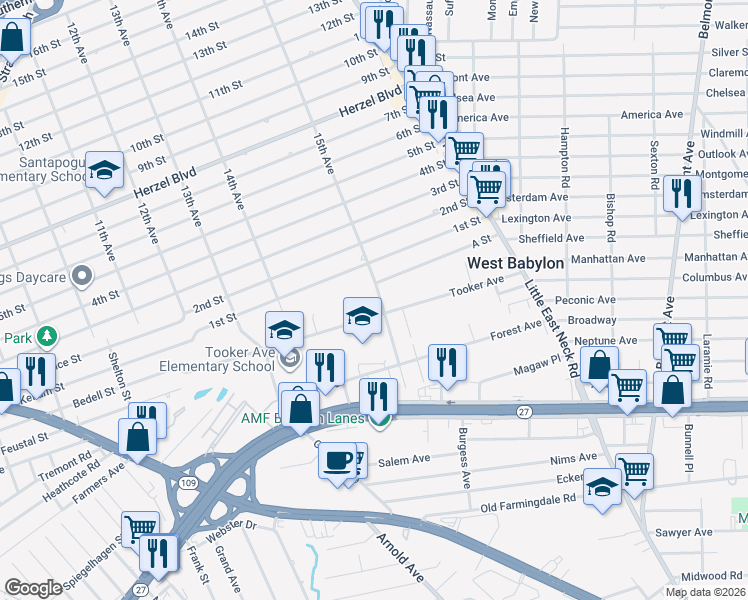map of restaurants, bars, coffee shops, grocery stores, and more near 29 15th Avenue in West Babylon