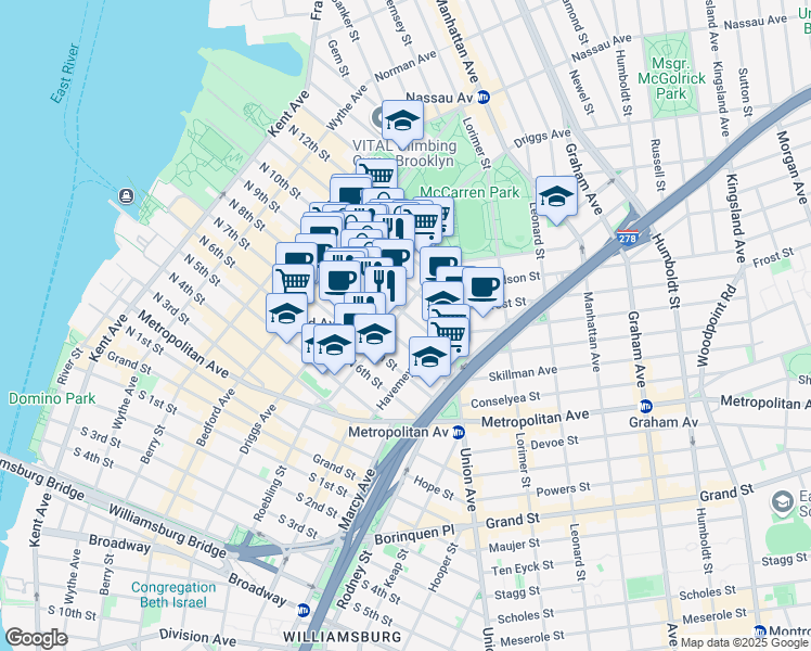 map of restaurants, bars, coffee shops, grocery stores, and more near 238 North 9th Street in Brooklyn