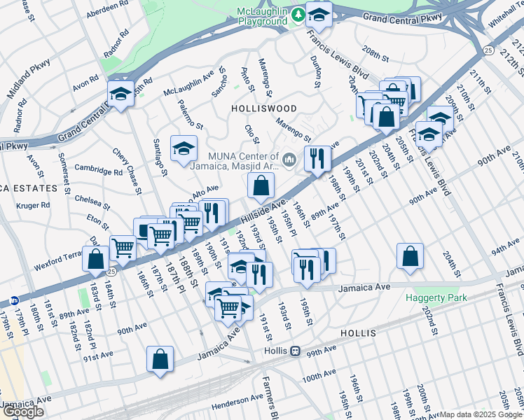 map of restaurants, bars, coffee shops, grocery stores, and more near 194-41-194-99 Hillside Avenue in Queens