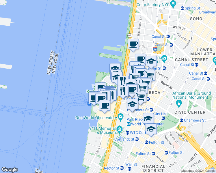 map of restaurants, bars, coffee shops, grocery stores, and more near 455 North End Avenue in New York
