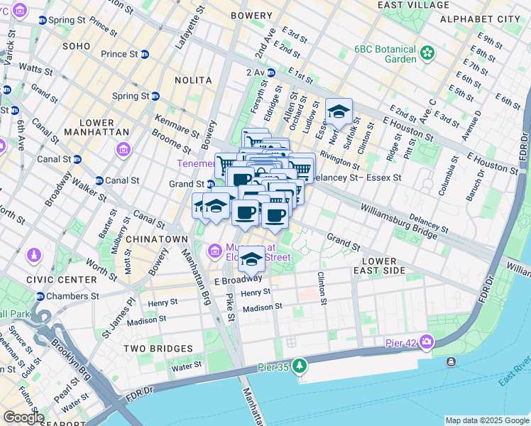 map of restaurants, bars, coffee shops, grocery stores, and more near 72 Orchard Street in New York
