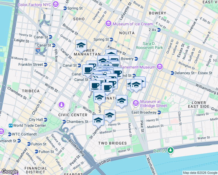 map of restaurants, bars, coffee shops, grocery stores, and more near in New York