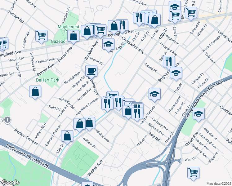 map of restaurants, bars, coffee shops, grocery stores, and more near 231 40th Street in Irvington