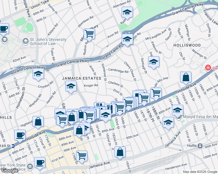 map of restaurants, bars, coffee shops, grocery stores, and more near 85-11 Eton Street in Queens