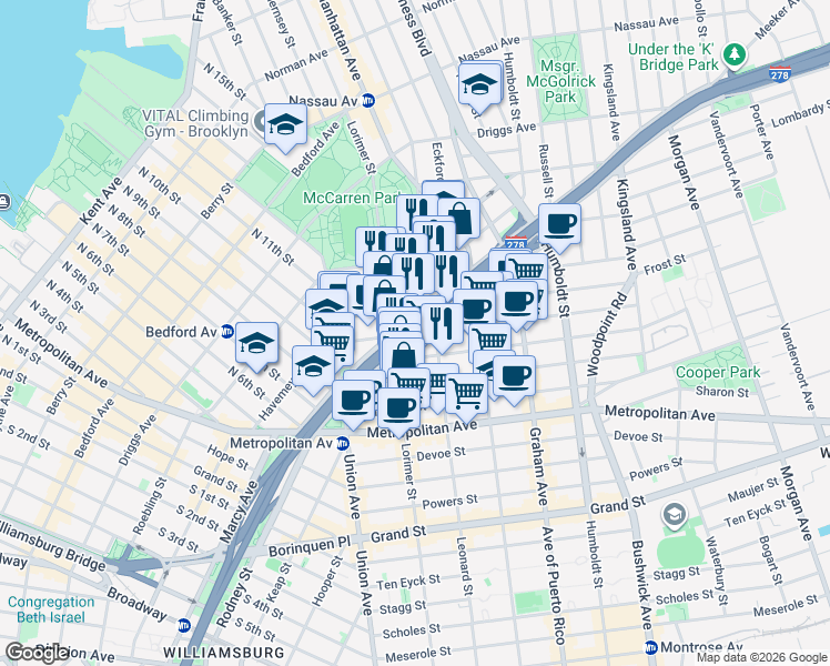 map of restaurants, bars, coffee shops, grocery stores, and more near 282 Meeker Avenue in Brooklyn