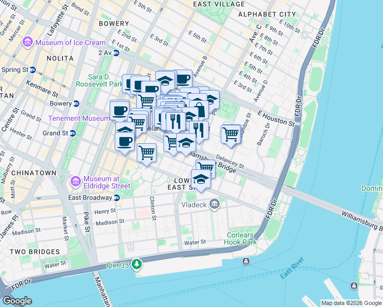 map of restaurants, bars, coffee shops, grocery stores, and more near 186 Delancey Street in New York