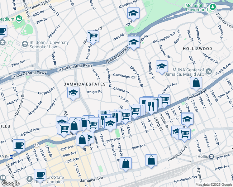 map of restaurants, bars, coffee shops, grocery stores, and more near 85-33 Chelsea Street in Queens