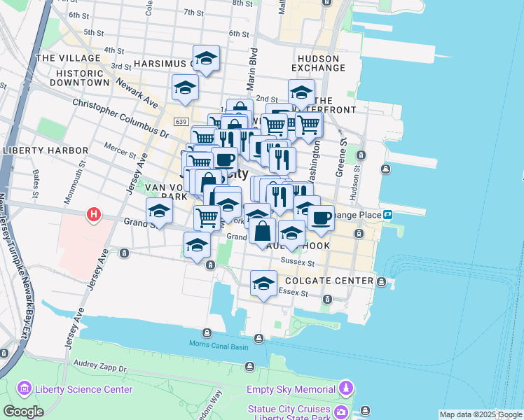 map of restaurants, bars, coffee shops, grocery stores, and more near 128 Montgomery Street in Jersey City