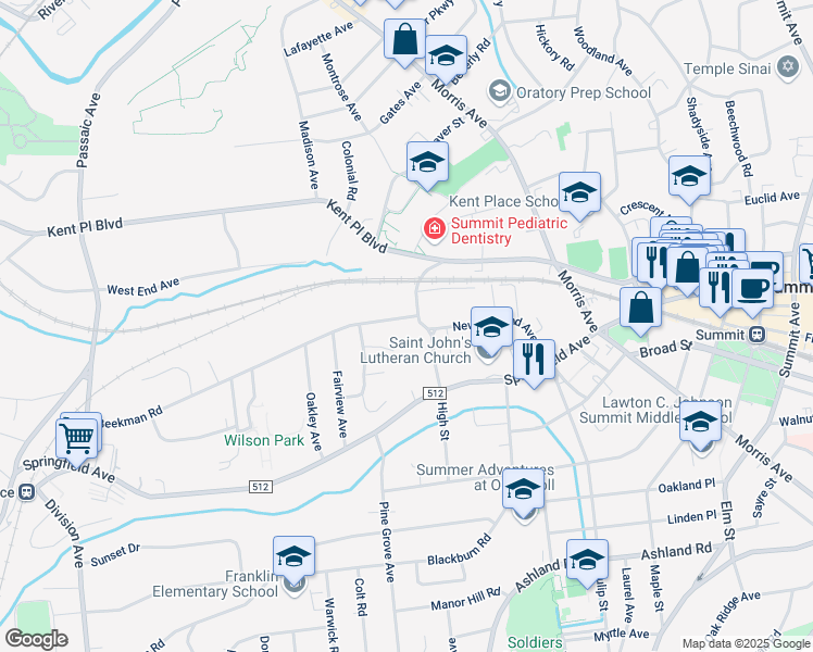 map of restaurants, bars, coffee shops, grocery stores, and more near 4 Beekman Road in Summit