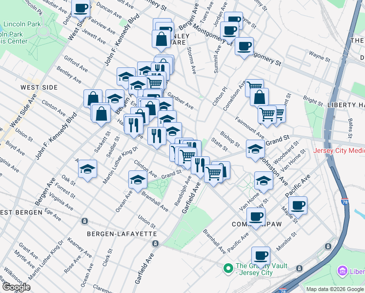 map of restaurants, bars, coffee shops, grocery stores, and more near 54 County Road 715 in Jersey City